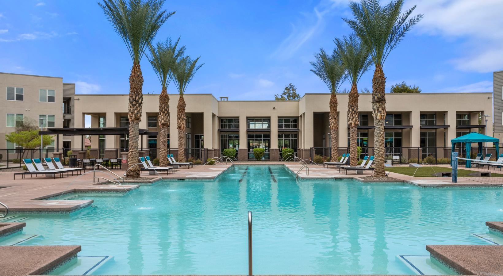 Sparkling swimming pool a swimming pool in front of a building