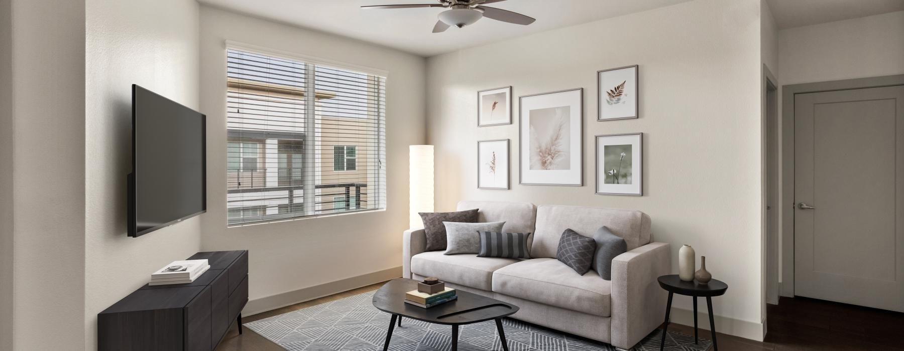 a living room with a couch and a table