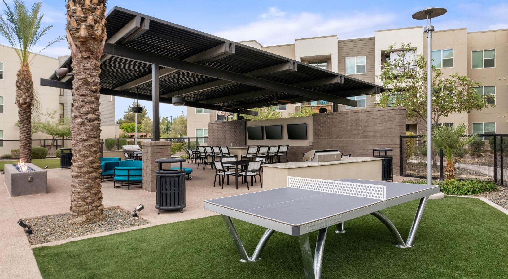 Take advantage of all Harper has to offer a group of tables and chairs outside